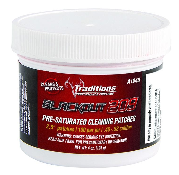 Traditions BlackOut 209 Pre-Saturated Cleaning Patches 100/Jar 2.5" DIa .45 - .58 cal