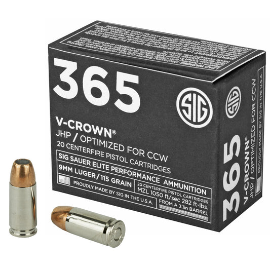 SIG Sauer 365 9mm Luger V-Crown JHP Ammo 115 Grain 20 Rds
