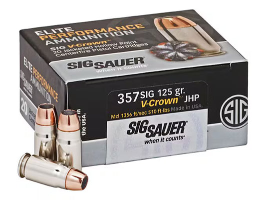 Sig Sauer Elite Performance 357 Sig Ammo 125 Grain Sig V-Crown Jacketed Hollow Point Box of 20