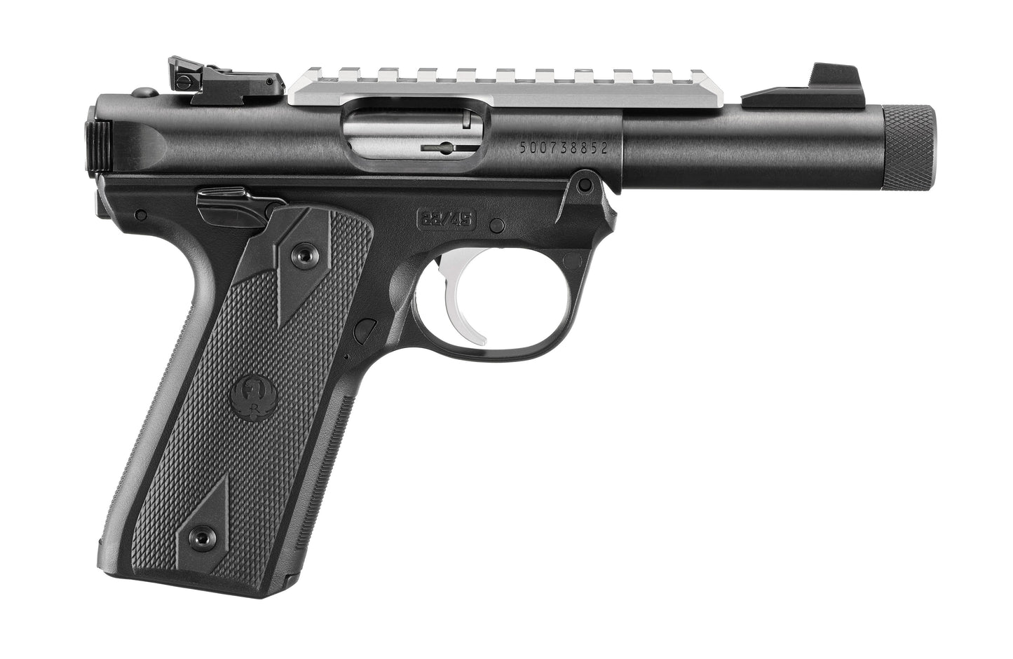 Ruger, Mark IV, 22/45, Semi-automatic, 22LR, 4.4", Black, Checkered, 10 Rounds, 2 Magazines, Threaded, Adjustable Rear Sight, Polymer, Blued, Optics Ready