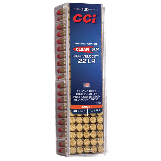 CCI Clean-22 High Velocity .22 Long Rifle Ammunition 100 Rounds 40 Grain Polymer Red Coated Lead Rounds Nose