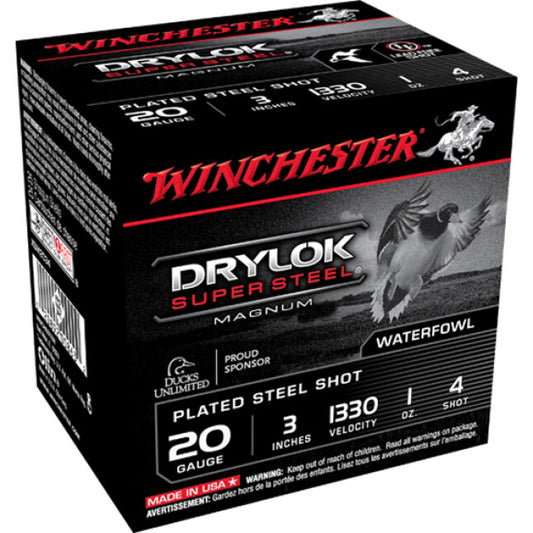 Winchester Drylok Super Steel 20 Gauge Ammunition 25 Rounds 3" #4 Steel Plated 1oz 1330fps