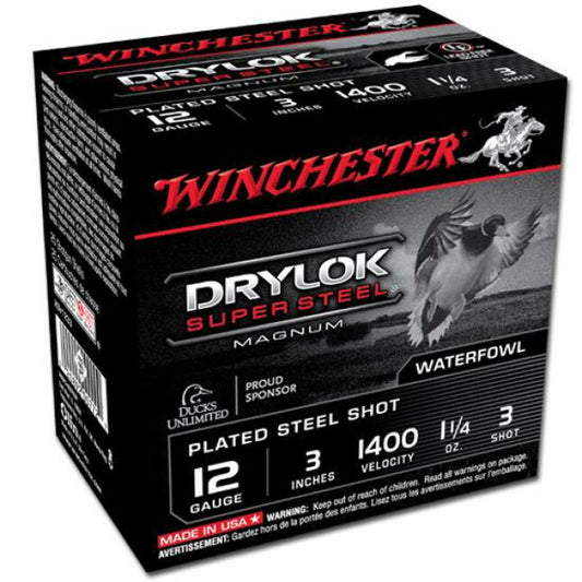 Winchester Drylok Super Steel 12 Gauge Ammunition 25 Round Box 3" #3 Plated Steel Shot 1-1/4 oz 1400 fps