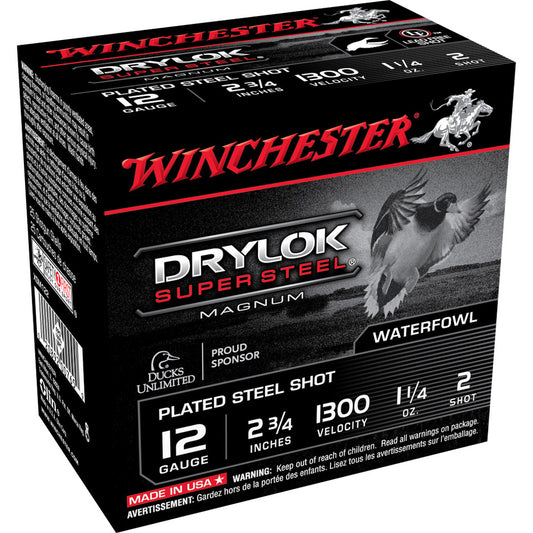 Winchester Drylok Super Steel 12 Gauge Ammunition 25 Round Box 2-3/4" #2 Plated Steel Shot 1-1/4 oz 1300 fps