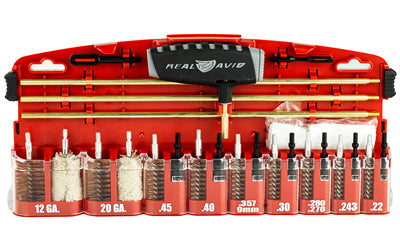 Real Avid, Cleaning Kit, Gun Boss Pro-Universal Gun Cleaning Kit, Multi-Function Handle, Three Brass Rod Sections, Kickstand Tool Case, Labeled compartments, Fits .22, .243, .280, .270, .30, .357, 9mm, .40, .45, 20Ga, 12Ga