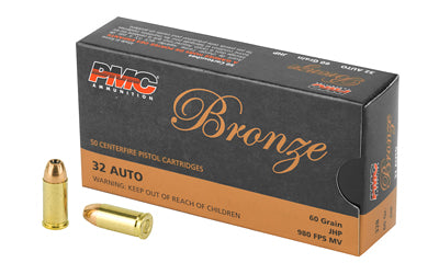 PMC Ammunition, Bronze, 32ACP, 60 Grain, Jacketed Hollow Point, 50 Round Box