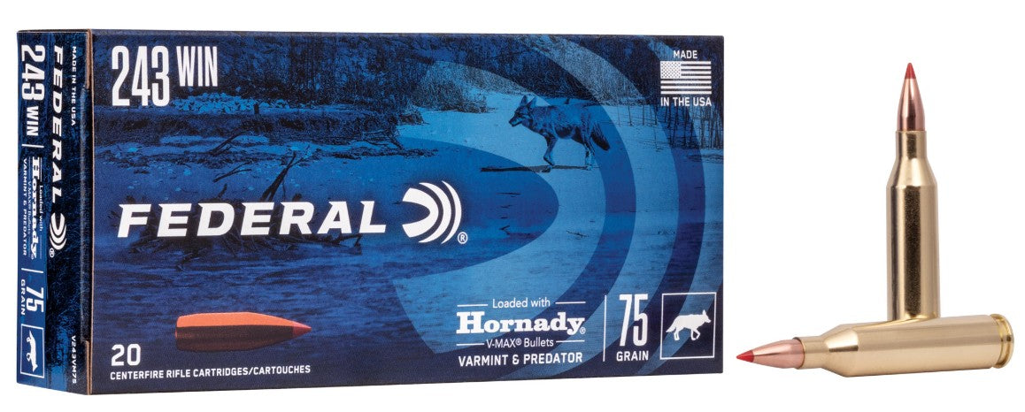 Federal, Varmint and Predator, V-Max, 243 Winchester, 75 Grain, 20 Round Box