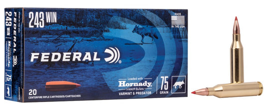 Federal, Varmint and Predator, V-Max, 243 Winchester, 75 Grain, 20 Round Box