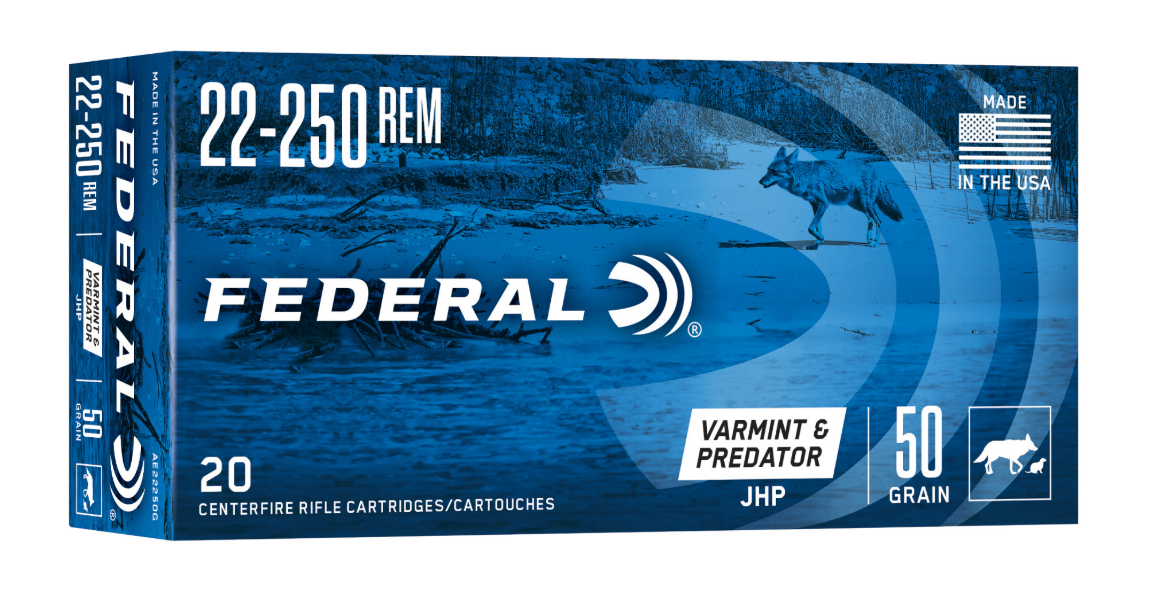 Federal 22-250, 50 Grain, Jacketed Hollow Point, 20 Round Box