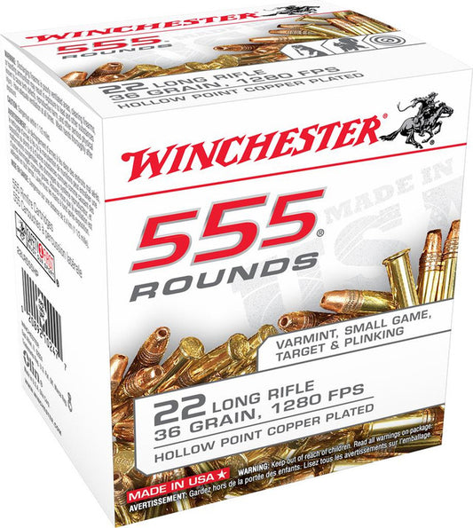 Winchester Ammo 22LR555HP USA 22 LR 36 gr Copper Plated Hollow Point (CPHP) 555 Bx