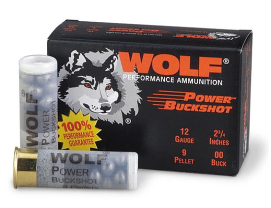Wolf Power Buckshot, 12 Gauge, 2 3/4", 00 Buckshot, 9 Pellets, 10 Rounds.